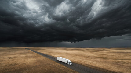 Aerial view of cyclonic storm approaching trailer on rural road