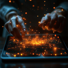 A virtual assistant icon hovering over a tablet screen, surrounded by minimal digital effects. Bright lighting, contrast