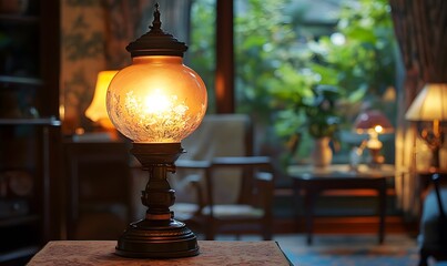 Antique lamp emitting a warm glow in a cozy interior setting with blurry background