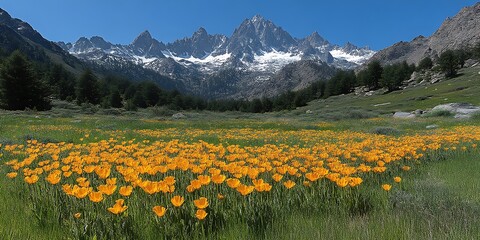 Mountain meadow with vibrant orange wildflowers.