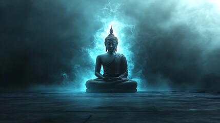 An artistic representation of Gautama Buddha sitting in a meditative pose with a soft glowing aura, symbolizing peace and spiritual energy