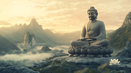 Gautama Buddha depicted in a serene mountain landscape, meditating on a lotus, symbolizing spiritual growth and tranquility