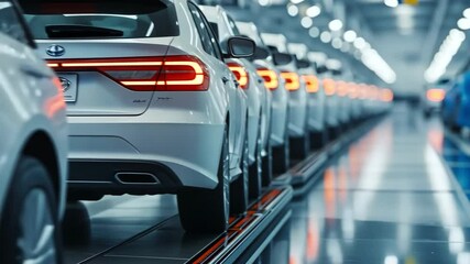 Innovation is highlighted with a modern auto manufacturing line featuring white cars and employees wearing blue jumpsuits.