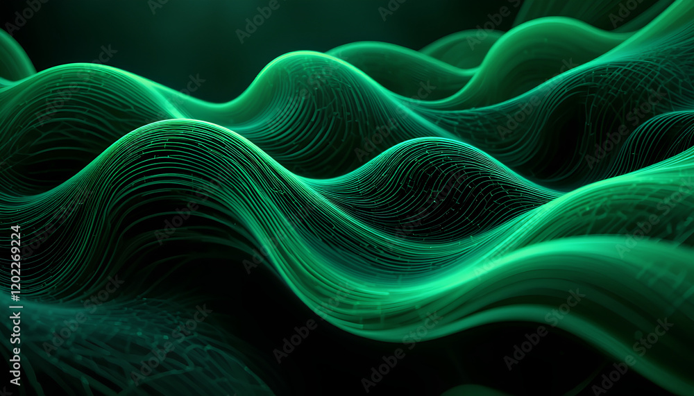 Poster emerald flow: abstract waves of vibrant emerald green, flowing seamlessly across the frame in a mesm