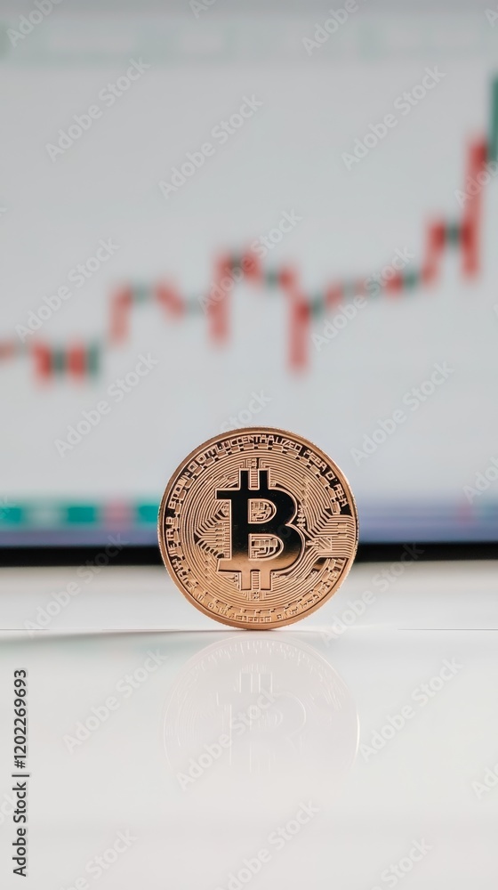Aufkleber Golden bitcoin coin is standing on a reflective desk in front of a stock chart displaying recent market trends, representing cryptocurrency investment and financial technology