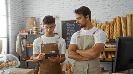 Two hispanic men, bakers working together indoors at a bakery, with one using a tablet and shelves of bread in the background