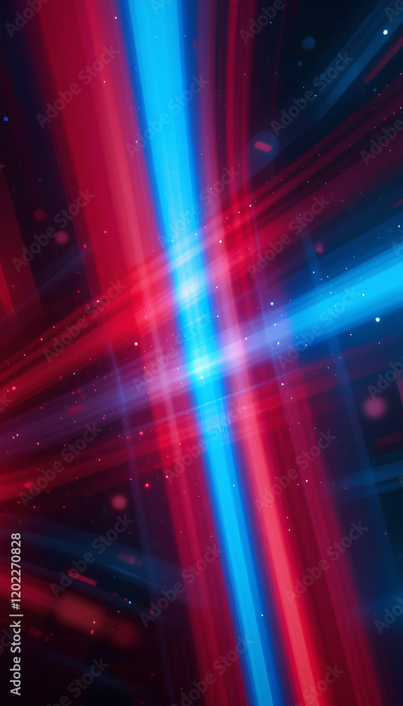 Poster abstract red and blue light trails: dynamic intersecting beams of vibrant red and blue light streak 