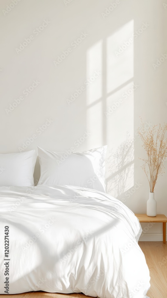 Poster sunlight streaming through a window casts shadows on a cozy bed with white linens and dried flowers 