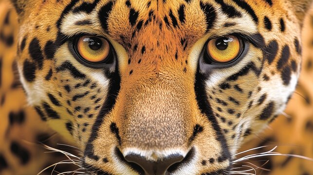 Closeup of jaguar face with piercing eyes and detailed fur texture, perfect for wildlife-themed wall prints or murals.