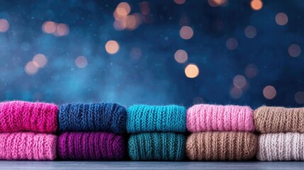 Colorful knit sweaters stacked, winter bokeh background, cozy feel, ideal for winter fashion or seasonal advertising