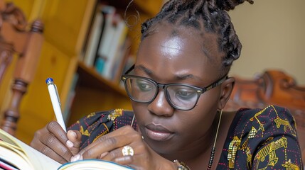 Woman Focused on Online Lectures While Taking Notes in a Notebook at Home During Daytime Study Session