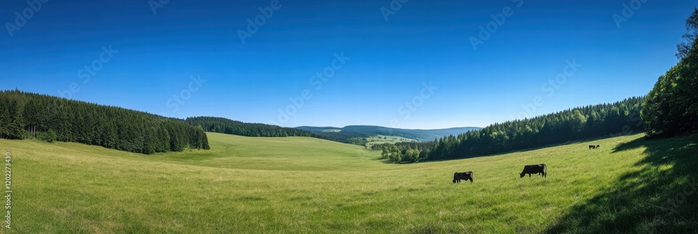 Aufkleber grazing cows enjoy a sunny afternoon in a lush green meadow surrounded by hills and trees. generativ