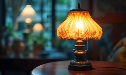 Illuminated vintage lamp with floral pattern on a wooden table creating a warm ambiance