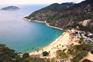 Fototapeta premium Aerial view of Praia Vermelha (Red Beach) in Urca, Rio de Janeiro. Beautiful landscape of one of the most famous beaches in Rio de Janeiro.