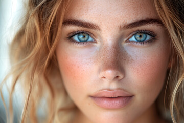 Fototapeta premium Close-up portrait of a young woman with freckles and beautiful blue eyes, showcasing her natural beauty and healthy skin.