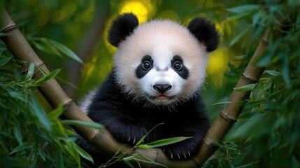 Adorable panda cub in bamboo forest