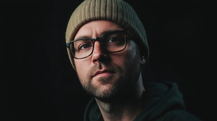 A man wearing glasses and a snug beanie gazes thoughtfully, his features highlighted softly against the dark background, exuding introspection and depth.