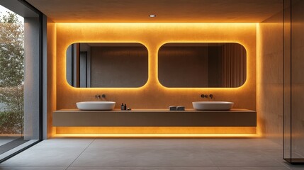 Obraz premium A minimalistic bathroom featuring dual sinks, modern mirrors, and ambient lighting against a sleek wall