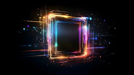 Obraz premium Abstract Digital Frame with Colorful Light Trails and Sparkling Effects on Dark Background