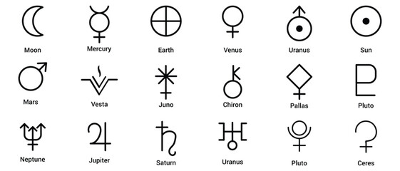 Set astrology and astronomy planet symbols. Outline icons, set of symbols for horoscope.Mystic planetary signs and symbols of ancient astrology and astronomy.   Simple alchemy icons, glyphs of planets © Quirk Craft Studio