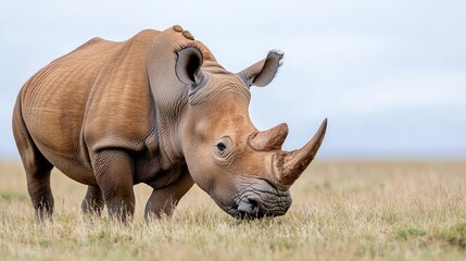 Obraz premium White rhino grazing in African savanna; overcast sky. Wildlife conservation image