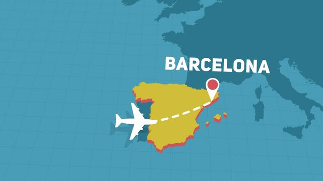 plane fly to Barcelona in Spain, airplane flight and landing animation with map of country in Europe, travel and holiday concept