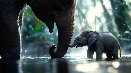 Tender moment of a baby elephant touching its mother in a glowing forest, emphasizing connection and care.