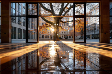Fototapeta premium Golden Sunset Illuminating a Cityscape Through Large Building Windows