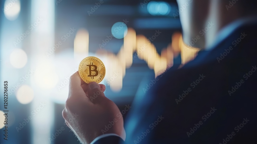 Aufkleber businessman showing bitcoin cryptocurrency physical coin with stock market or forex trading graph in