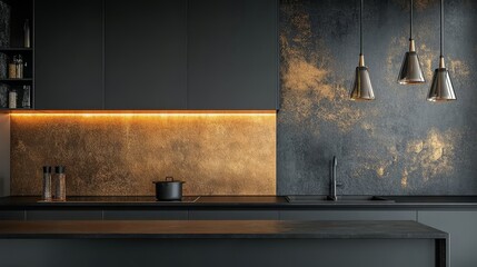 A minimalistic kitchen featuring gray cabinets, gold accents, and modern pendant lighting, creating a sleek and elegant atmosphere