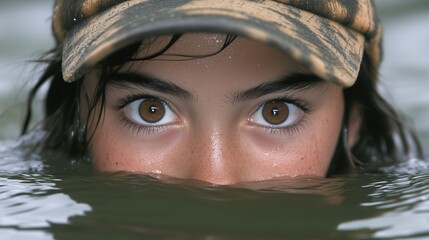 Closeup of a person's intense eyes just above water, wearing a camouflage cap, with focus on emotion and nature.