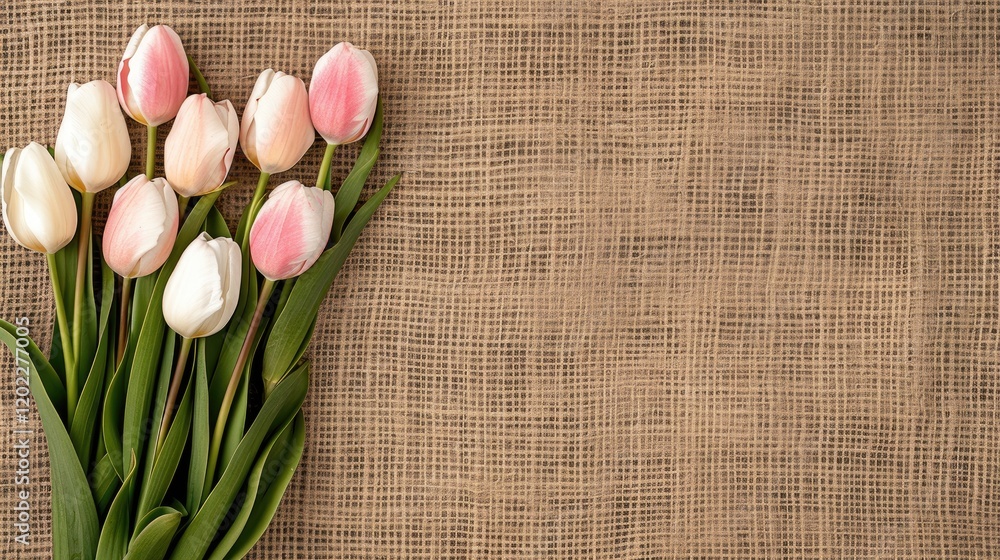 Poster close-up view of a beautifully arranged bouquet featuring delicate white and pink tulips placed on t