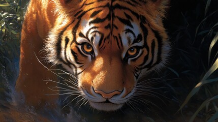 Fototapeta premium Intense gaze of a tiger prowling through a jungle, illuminated by dramatic sunlight and shadows.