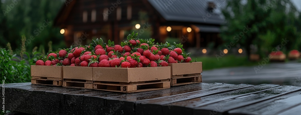Poster close-up view of ripe strawberries arranged in boxes at a market. the strawberries display vibrant r