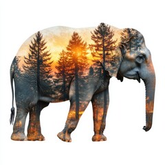 Fototapeta premium Preservation of natural beauty highlighted by an elephant silhouette filled with a sunset forest landscape. Generative AI
