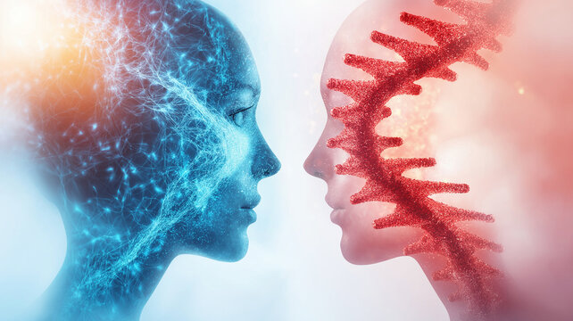 image illustrates concept of nature versus nurture, showcasing two human like figures with contrasting colors and textures representing genetic and environmental influences