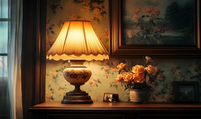 A vintage lamp casting a warm glow on a wooden table adorned with flowers and framed photos