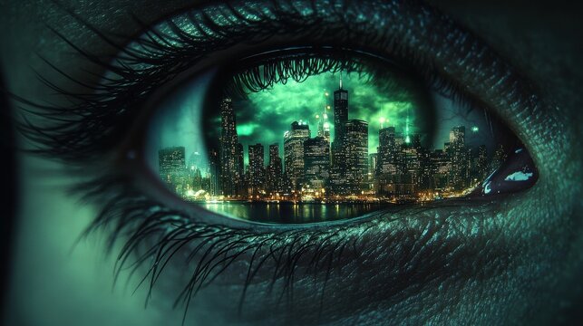 A surreal reflection of a cityscape in a human eye conveying deep emotions.