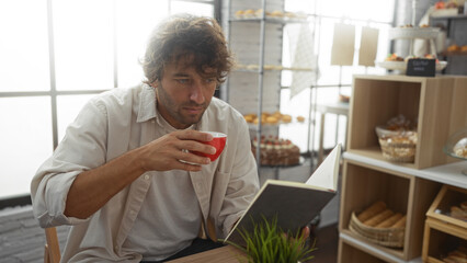 Young man reading book while drinking coffee in a cozy bakery shop with shelves of baked goods in the background under natural daylight