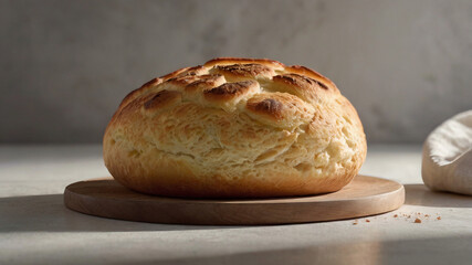 Cloud Bread with a fluffy, weightless texture. The golden surface contrasts with its airy, soft interior, placed on a minimal backdrop for an elegant, pure presentation.