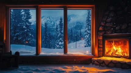 Cozy Cabin View: Warm Fireplace and Snowy Mountain Scene Through Window Frame