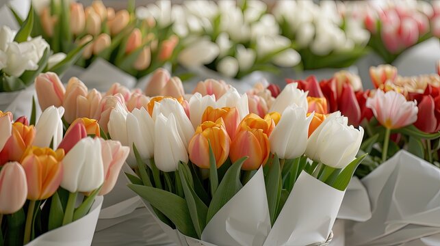 Brightly colored tulips and other flowers are wrapped in plastic for sale at a market stall, showcasing their freshness and beauty. The blurred background adds to the spring ambiance