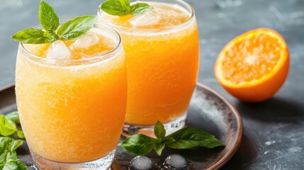 Refreshing orange juice with ice and basil.  Summer drinks, kitchen setting. Food photography