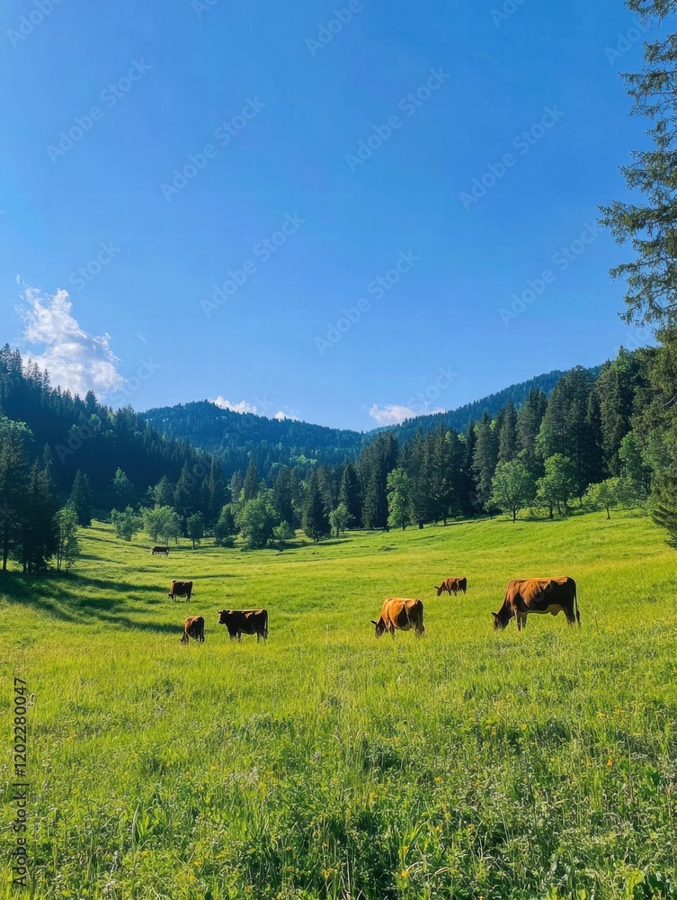 Aufkleber peaceful cows grazing on a lush green meadow surrounded by mountains and trees in a serene landscape