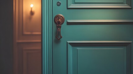 Obraz premium Teal Door With Ornate Brass Handle And Lighting