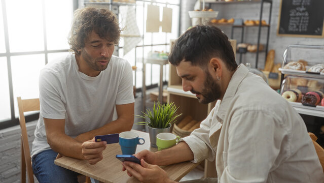 Men chatting at a cafe table holding credit cards in a cozy bakery with various pastries displayed in the background