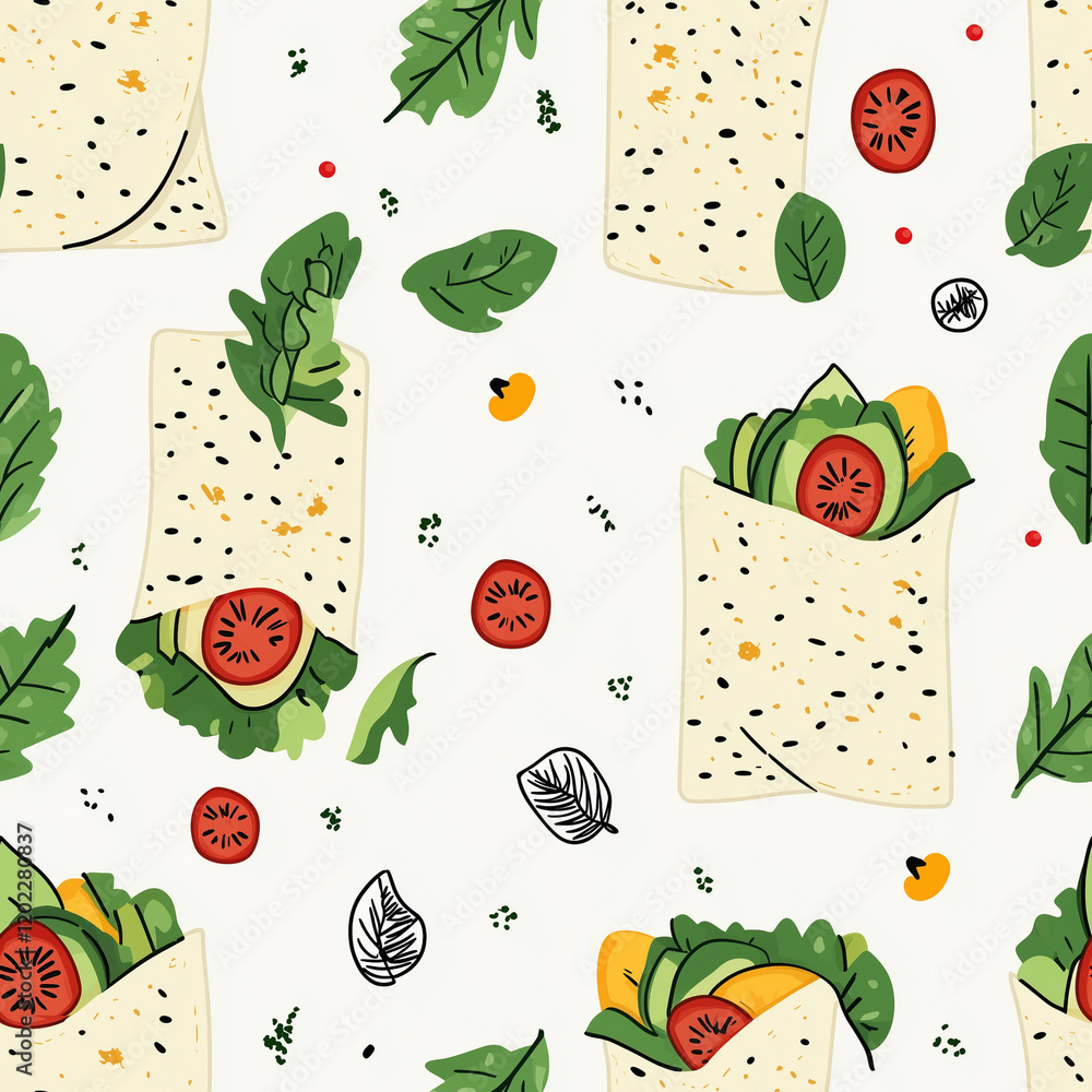 Wall mural Veggie Wrap flat illustration icons, Veggie Wrap seamless pattern