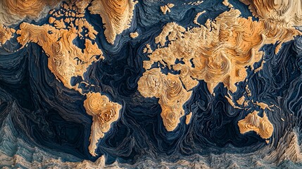 Fototapeta premium Intricate Carved World Map: A 3D Topographical Masterpiece