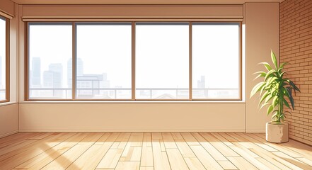 Fototapeta premium Bright, empty room with light wood floors and white brick walls, large windows offering city skyline views, ideal for showcasing flooring options.