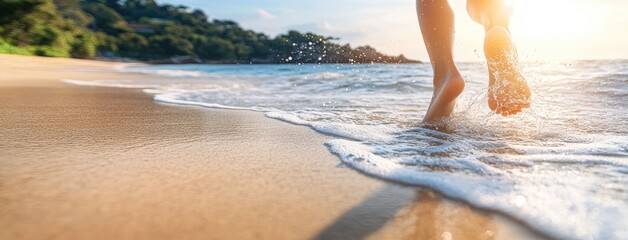 Close-up view of a woman's feet walking on sandy beach, splashing in gentle waves during sunset. The warm sunlight reflects on the water, creating a serene atmosphere with a clear sky